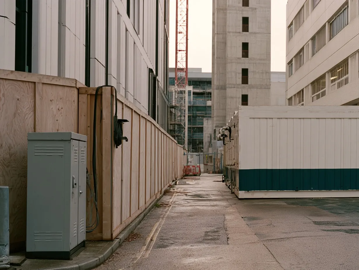 A grey supply cabinet beside plywood hoarding on a narrow site access road, with a battery enclosure opposite and a crane and concrete core behind