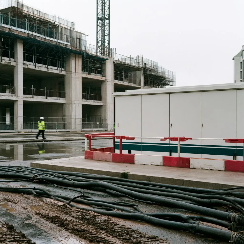 A white battery enclosure behind red and white barriers on a wet construction site, with cables across the ground and a site worker walking past an unfinished concrete building